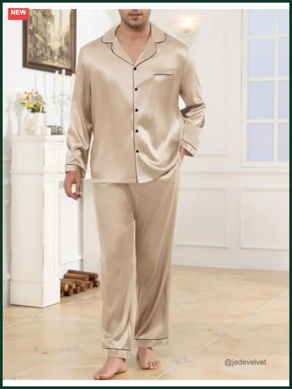 Satin Men's Pajama Set Short Sleeve Button Down Two-Piece Sleepwear with Pockets
